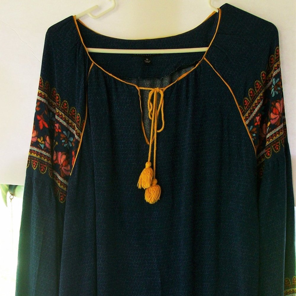 Long Sleeve Faux Denim BoHo Blouse